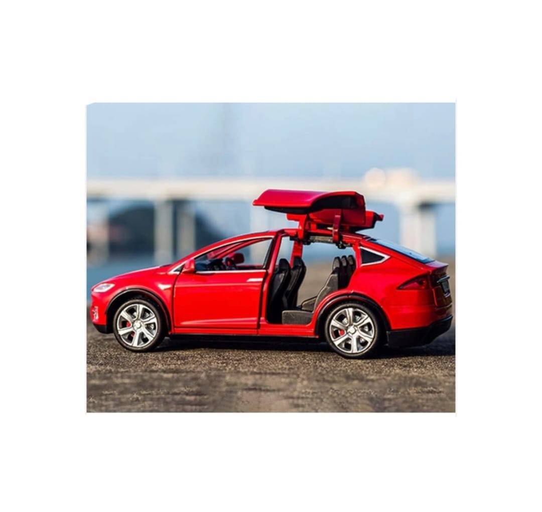 Masinuta metal mecanica, model Tesla X 90D, scara 1:22, sunete, usi mobile, capota mobila, portbagaj mobil, barlad, rosu, 22 cm