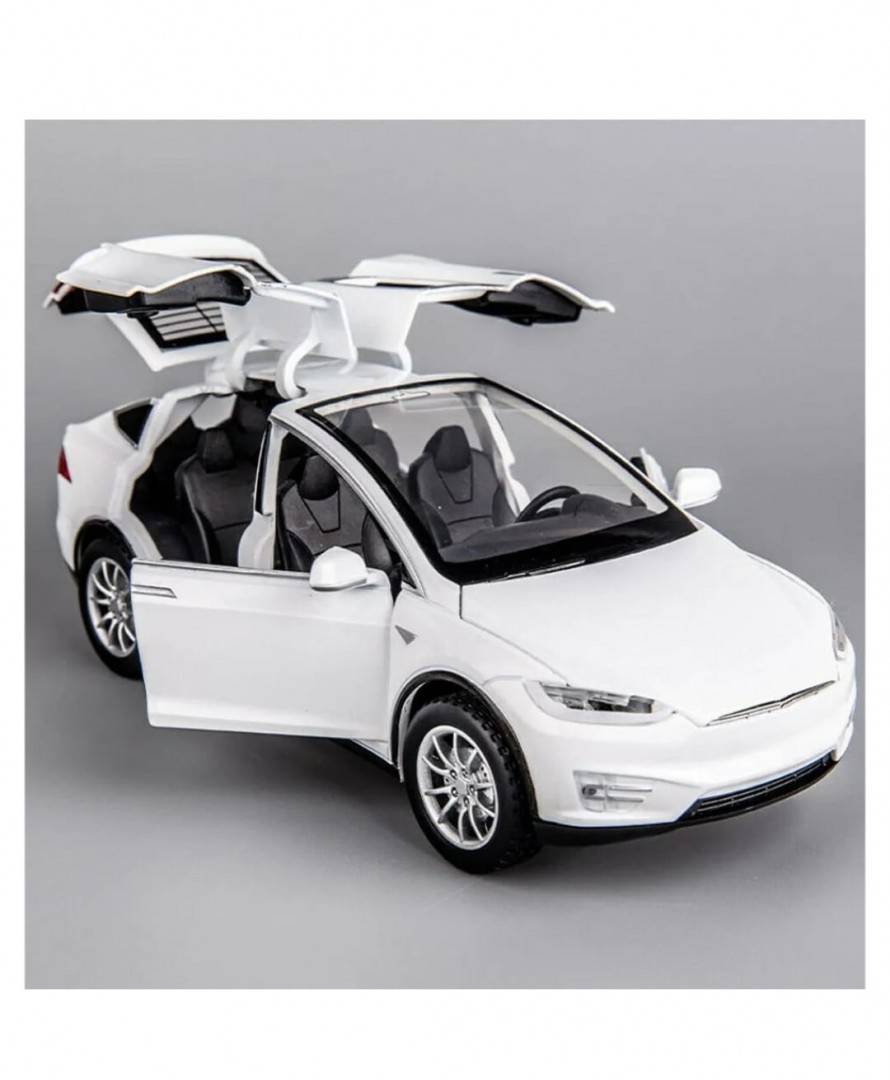  Masinuta metal mecanica, model Tesla X 90D, scara 1:22, sunete, usi mobile, capota mobila, portbagaj mobil, barlad, alb, 22 cm