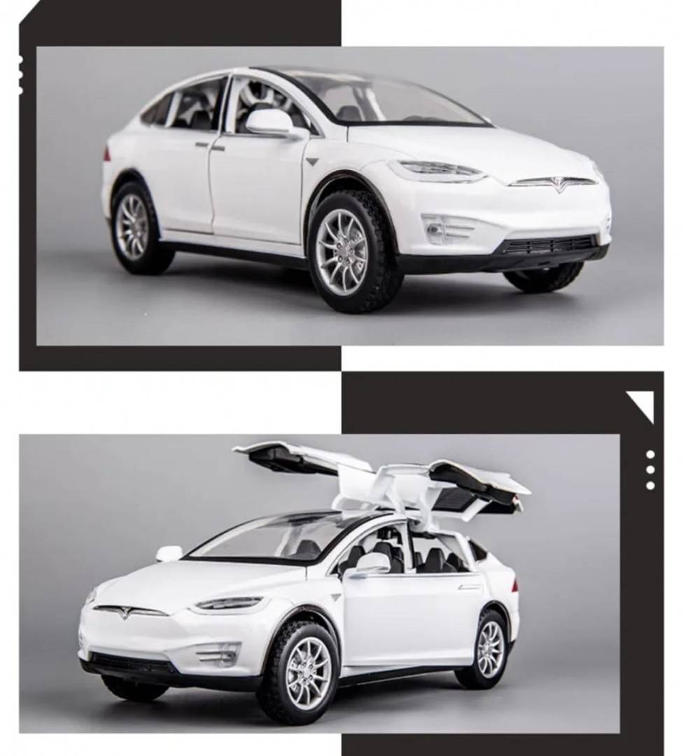  Masinuta metal mecanica, model Tesla X 90D, scara 1:22, sunete, usi mobile, capota mobila, portbagaj mobil, barlad, alb, 22 cm
