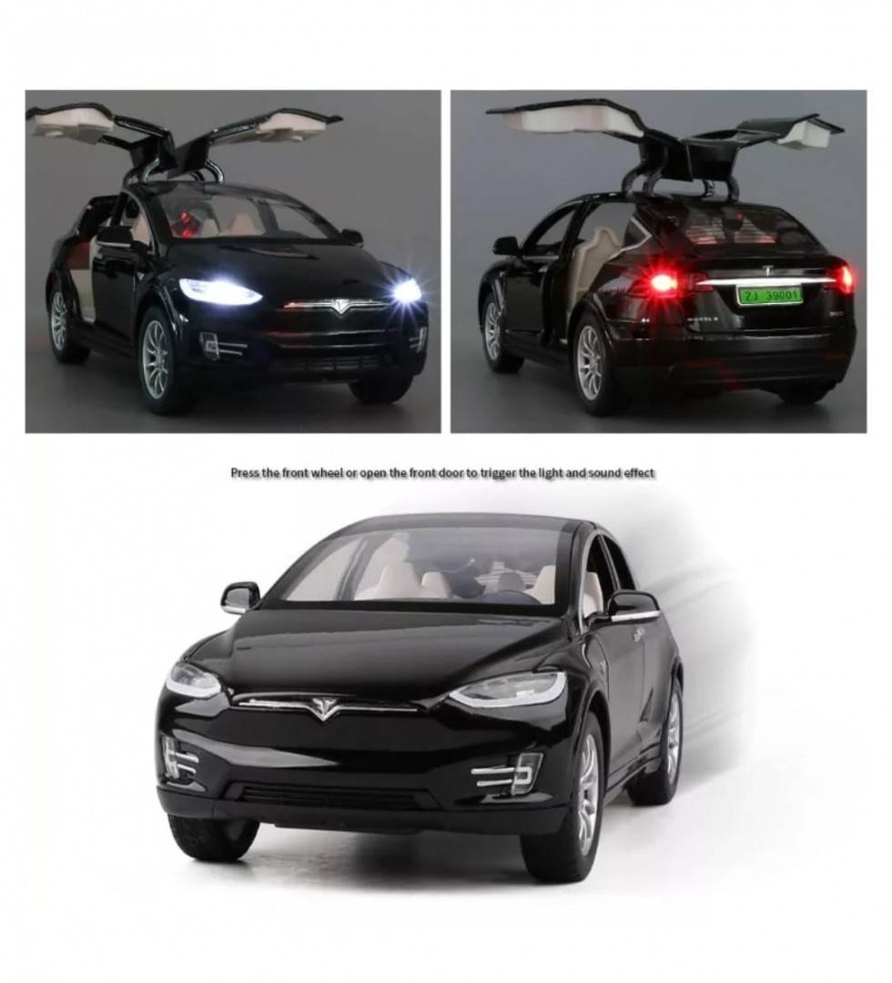 Masinuta metal mecanica, model Tesla X 90D, scara 1:22, sunete, usi mobile, capota mobila, portbagaj mobil, barlad, negru, 22 cm