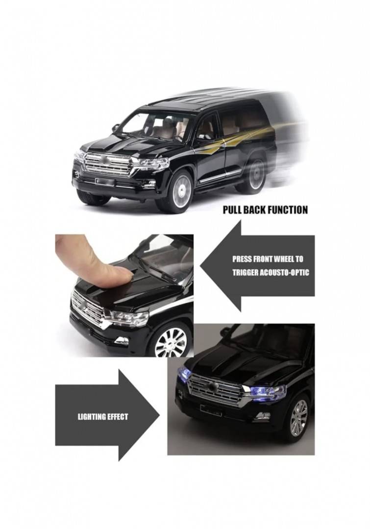 Masinuta metal mecanica, model Toyota SUV, Land Cruiser, scara 1:24, usi mobile, capota mobila, portbagaj mobil, negru, 19.5 cm