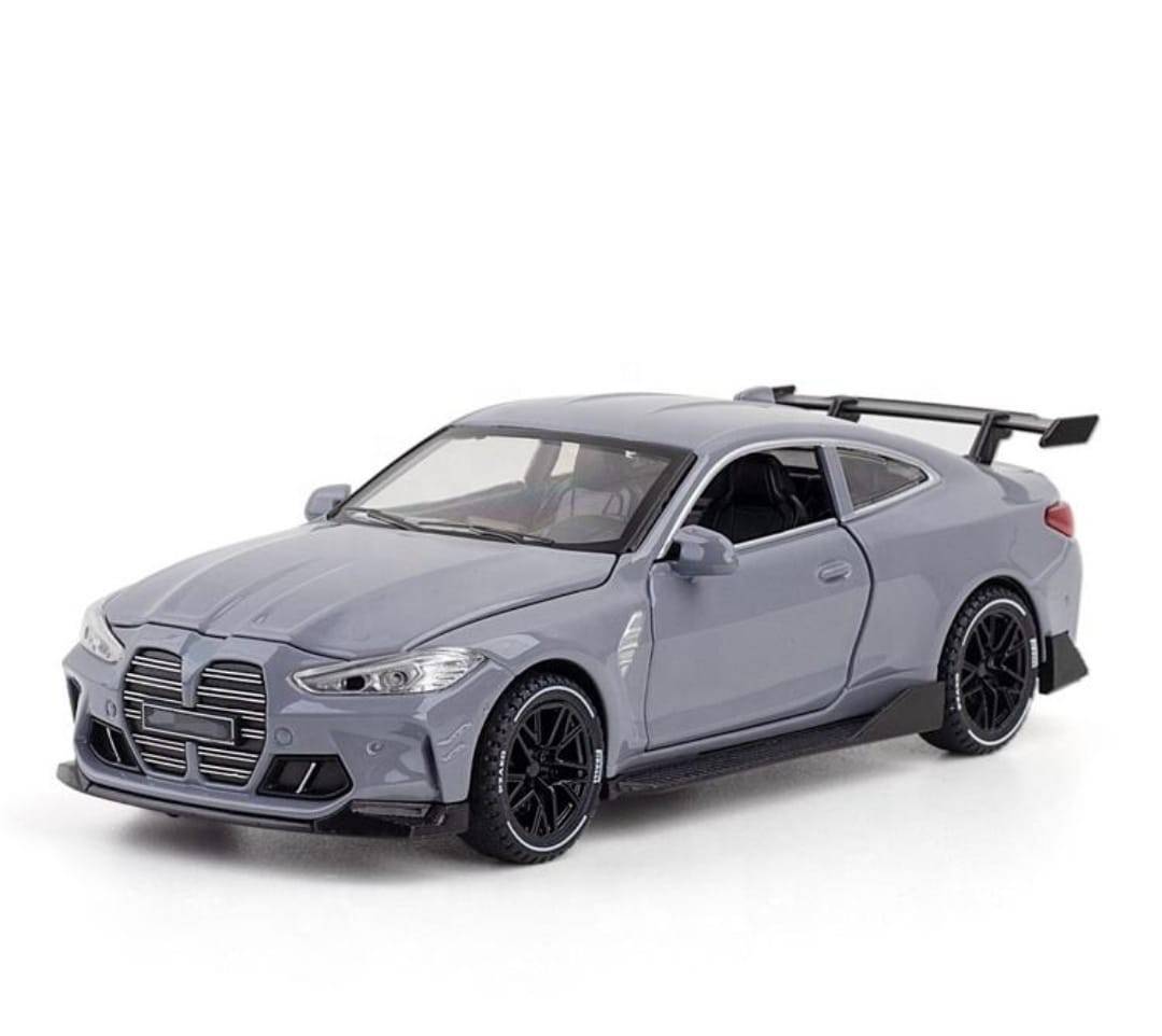  Masinuta metal mecanica, tip BMW M4 Coupe, 3 sunete, usi mobile, capota mobila, portbagaj mobil, gri, 16 cm