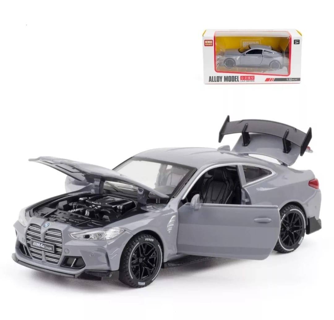  Masinuta metal mecanica, tip BMW M4 Coupe, 3 sunete, usi mobile, capota mobila, portbagaj mobil, gri, 16 cm