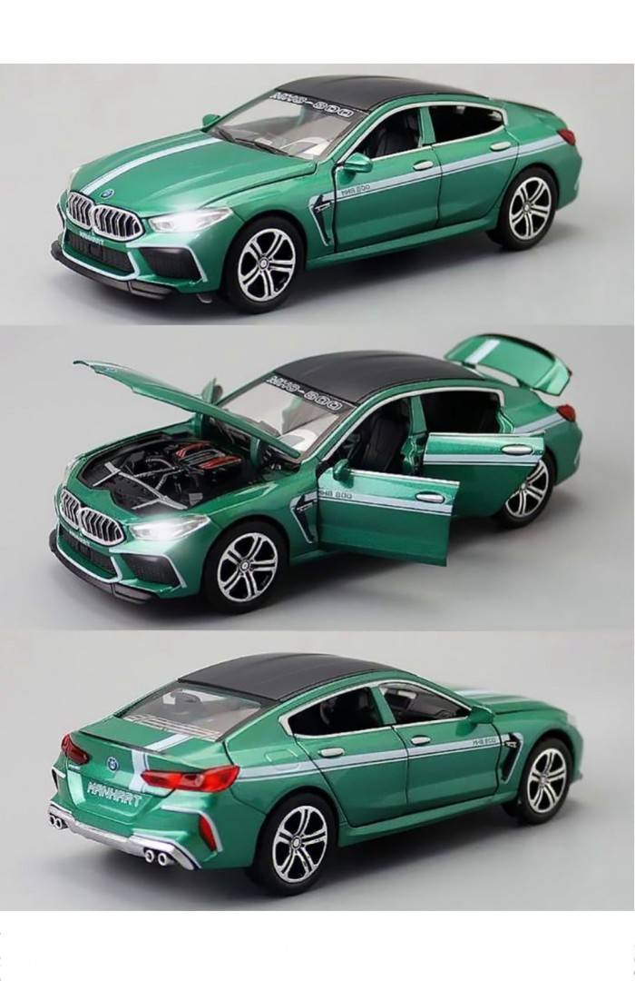 Masinuta metal mecanica, tip BMW M8 MANHART, 3 sunete, usi mobile, capota mobila, portbagaj mobil, verde, 22 cm