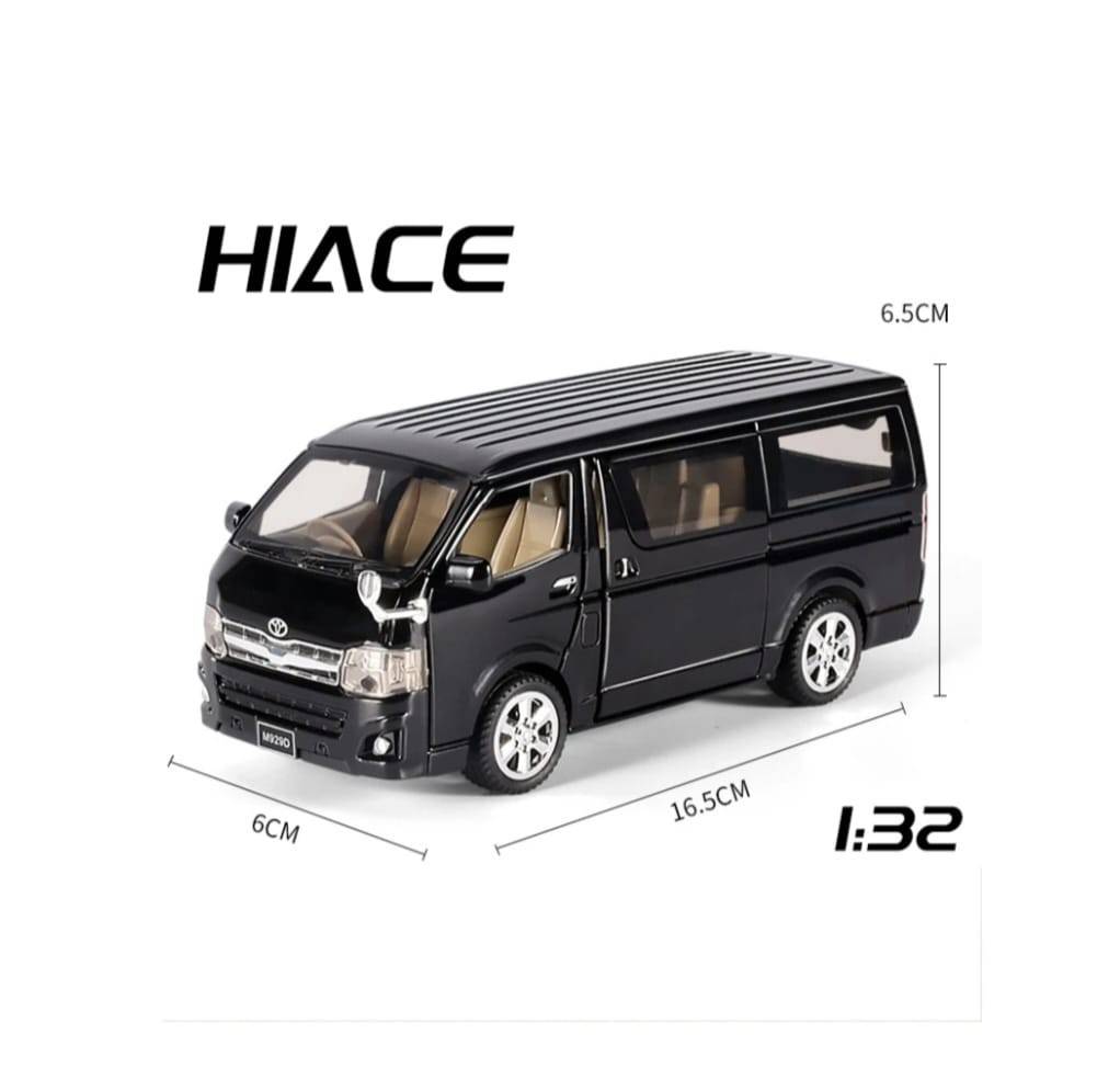 Masinuta metal mecanica, tip duba Toyota Hiace, 3 sunete, usi mobile, capota mobila, portbagaj mobil, negru, 16 cm