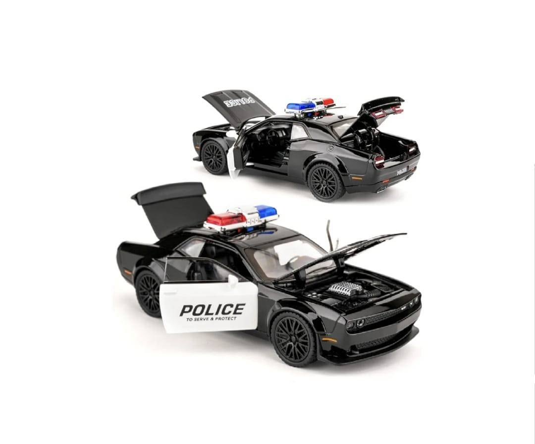 Masinuta metal mecanica, tip  Dodge Challenger Hellcat Police, scara 1:24, sunete, usi mobile, capota mobila, portbagaj mobil, negru, 20 cm