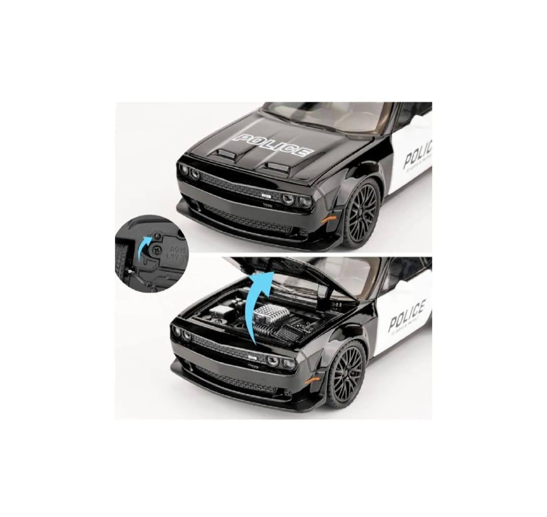 Masinuta metal mecanica, tip  Dodge Challenger Hellcat Police, scara 1:24, sunete, usi mobile, capota mobila, portbagaj mobil, negru, 20 cm
