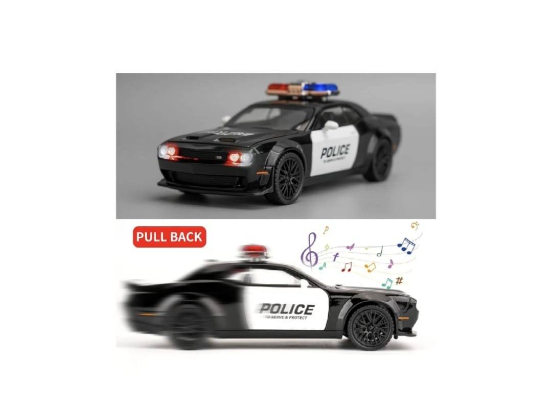 Masinuta metal mecanica, tip  Dodge Challenger Hellcat Police, scara 1:24, sunete, usi mobile, capota mobila, portbagaj mobil, negru, 20 cm
