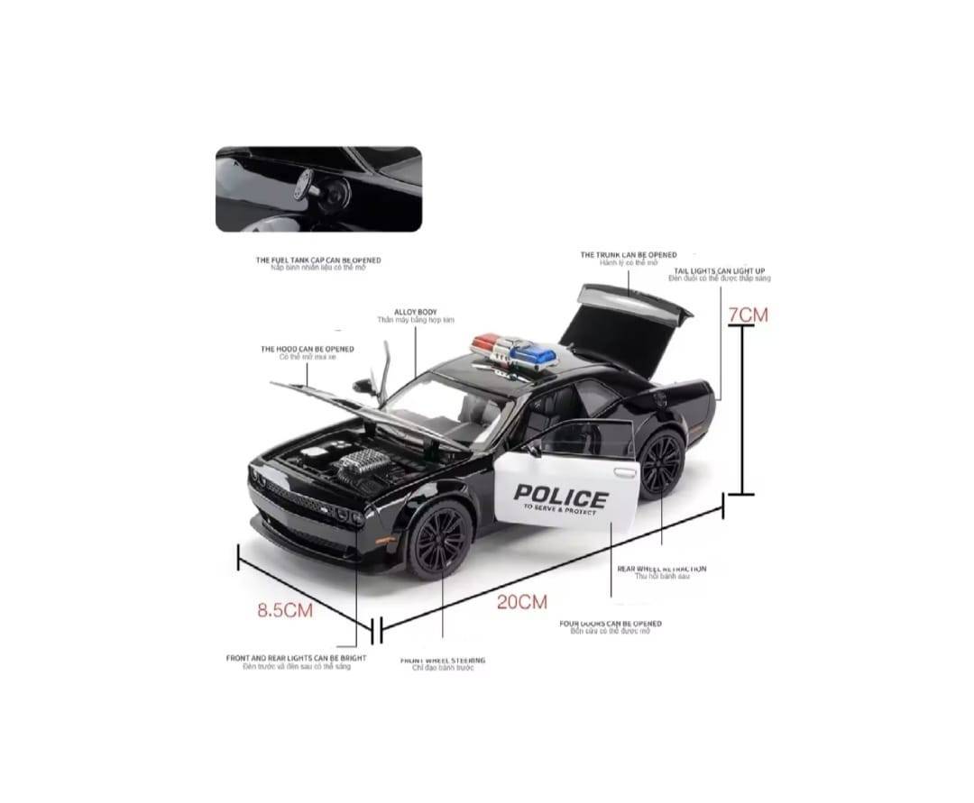 Masinuta metal mecanica, tip  Dodge Challenger Hellcat Police, scara 1:24, sunete, usi mobile, capota mobila, portbagaj mobil, negru, 20 cm