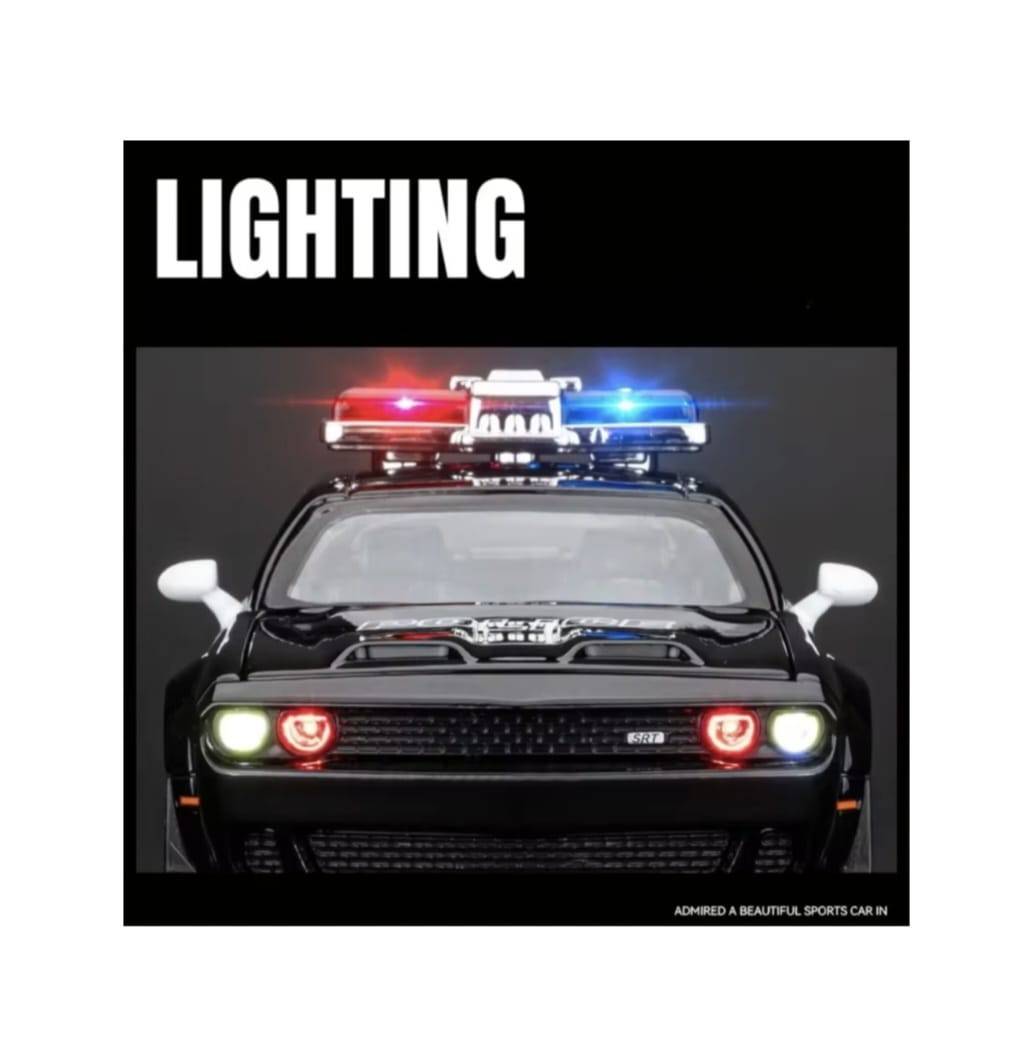 Masinuta metal mecanica, tip  Dodge Challenger Hellcat Police, scara 1:24, sunete, usi mobile, capota mobila, portbagaj mobil, negru, 20 cm