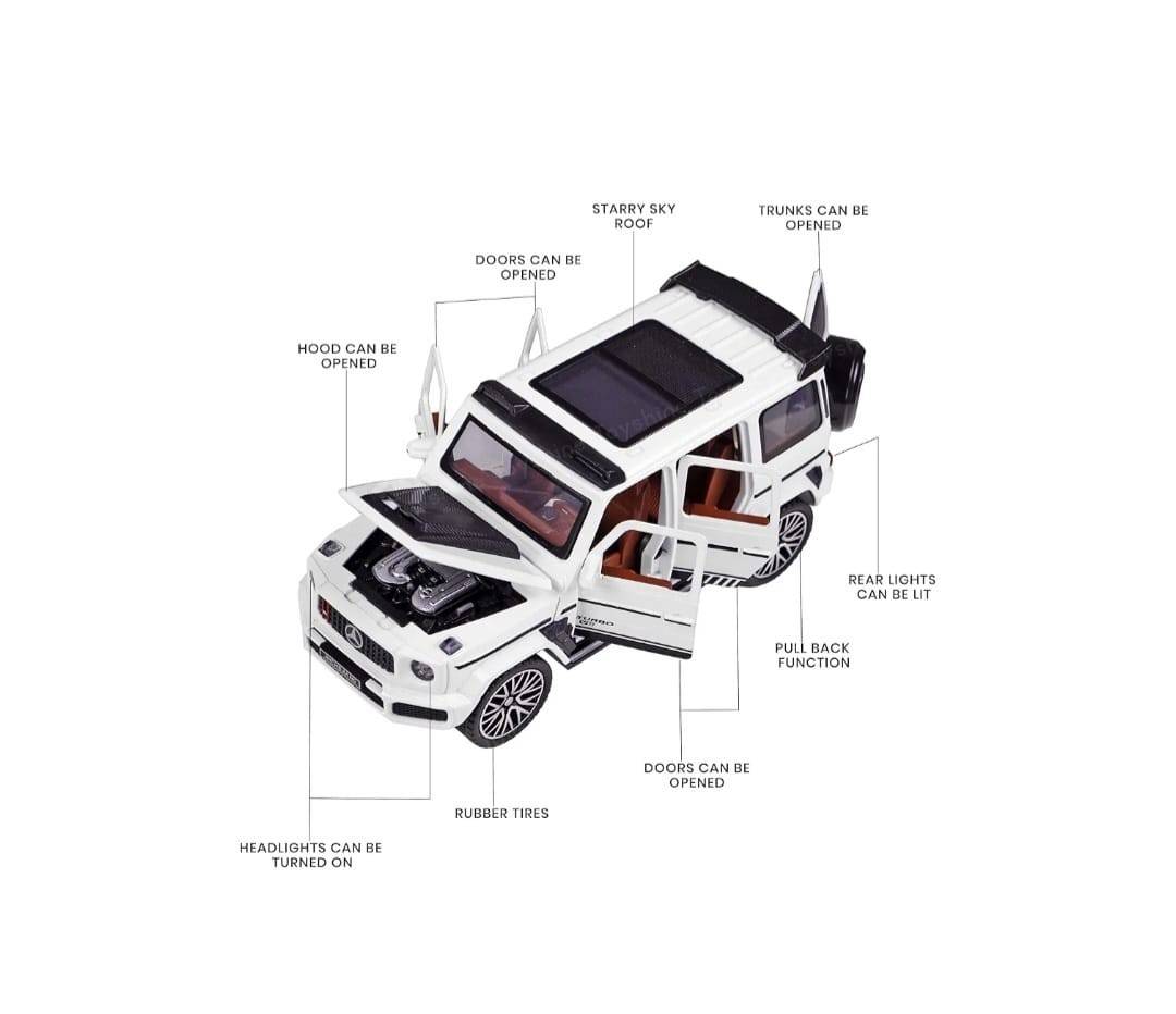 Masinuta metal mecanica, tip Mercedes Benz G800 Legierung, scara 1:32, 3 sunete, usi mobile, capota mobila, portbagaj mobil, alb, 14 cm