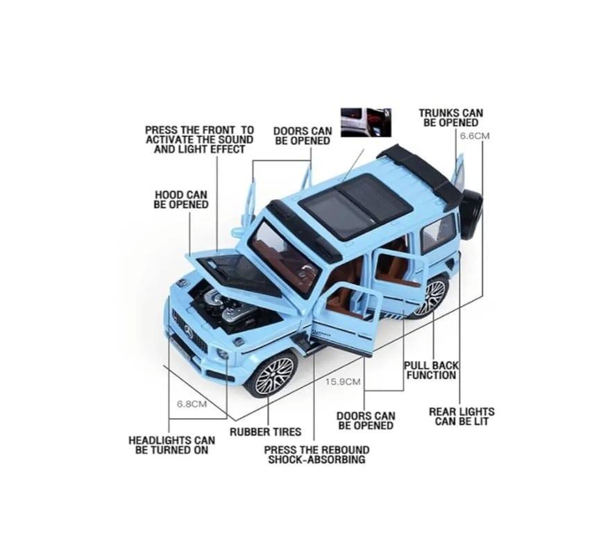 Masinuta metal mecanica, tip Mercedes Benz G800 Legierung, scara 1:32, 3 sunete, usi mobile, capota mobila, portbagaj mobil, bleu, 14 cm