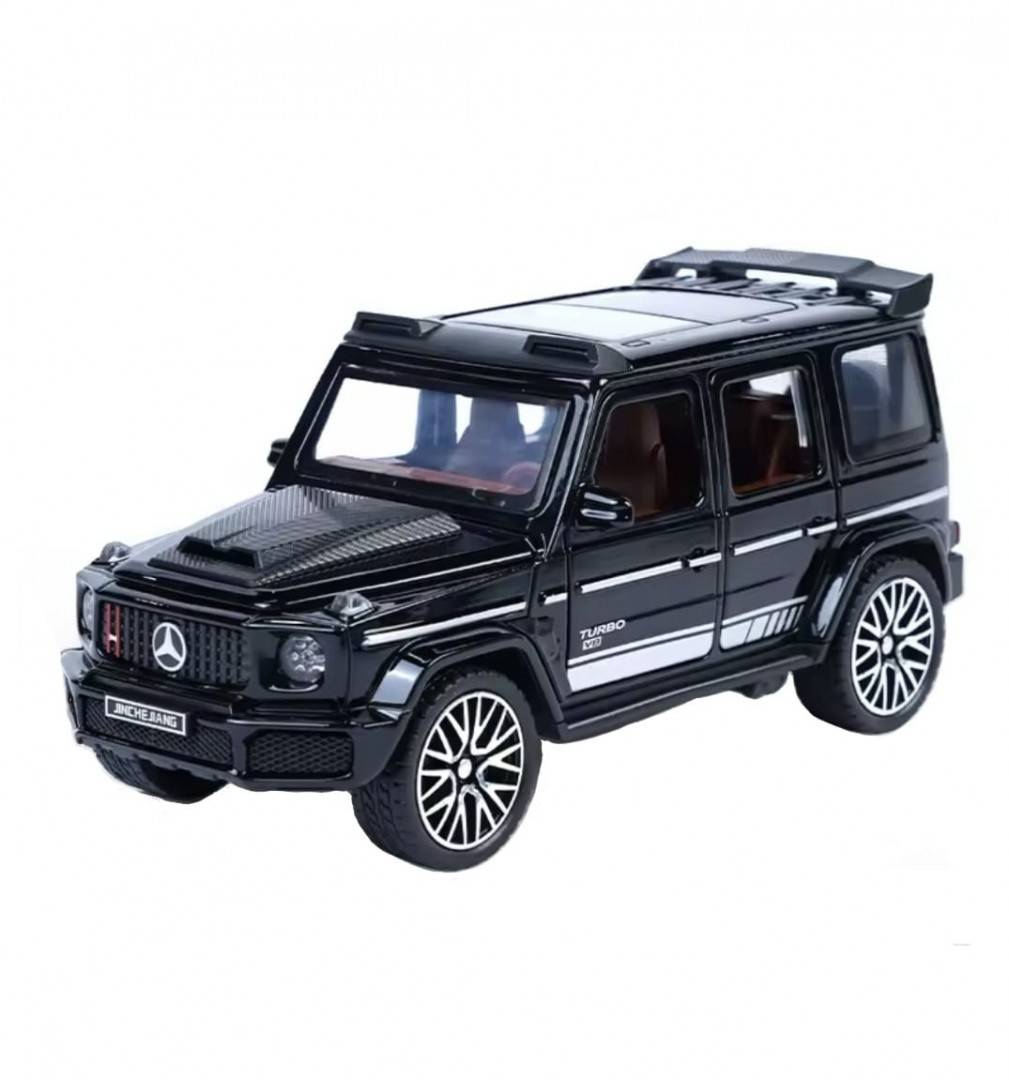 Masinuta metal mecanica, tip Mercedes Benz G800 Legierung, scara 1:28, 3 sunete, usi mobile, capota mobila, portbagaj mobil, negru, 14 cm