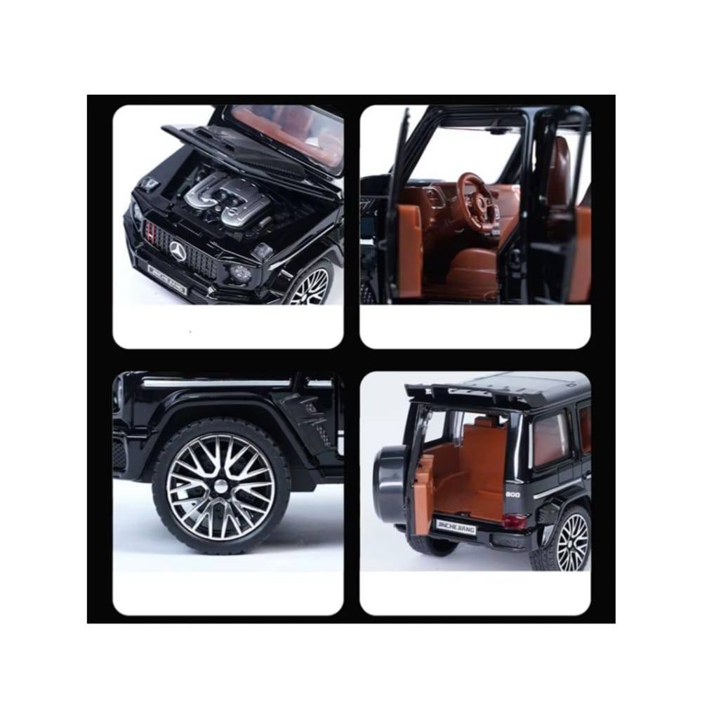 Masinuta metal mecanica, tip Mercedes Benz G800 Legierung, scara 1:28, 3 sunete, usi mobile, capota mobila, portbagaj mobil, negru, 14 cm