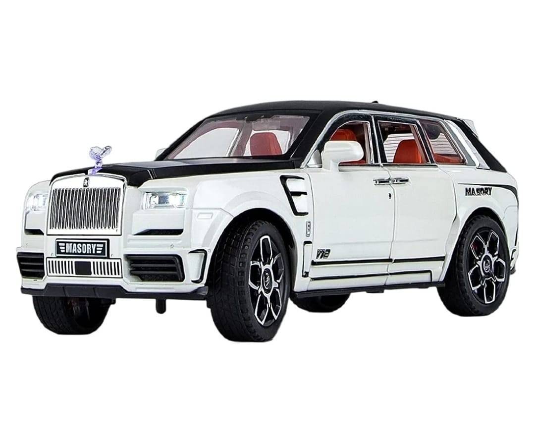 Masinuta metal mecanica, tip Rolls Royce Cullinar Mansory, 3 sunete, usi mobile, capota mobila, portbagaj mobil, bej, 17 cm