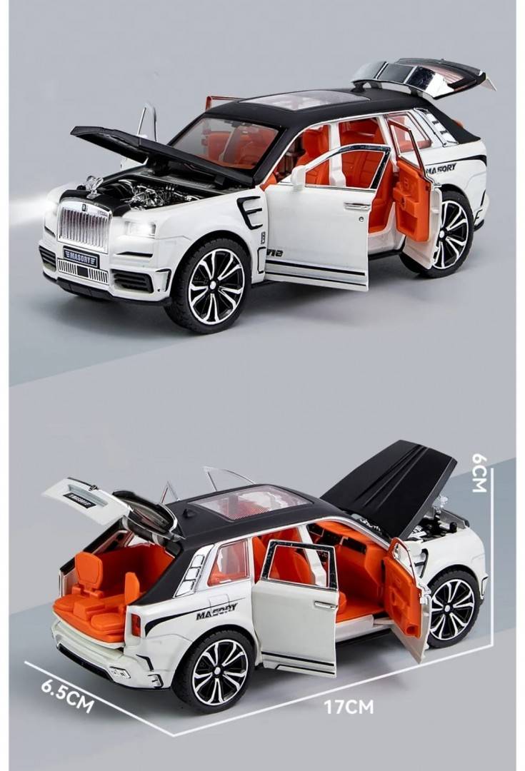 Masinuta metal mecanica, tip Rolls Royce Cullinar Mansory, 3 sunete, usi mobile, capota mobila, portbagaj mobil, bej, 17 cm