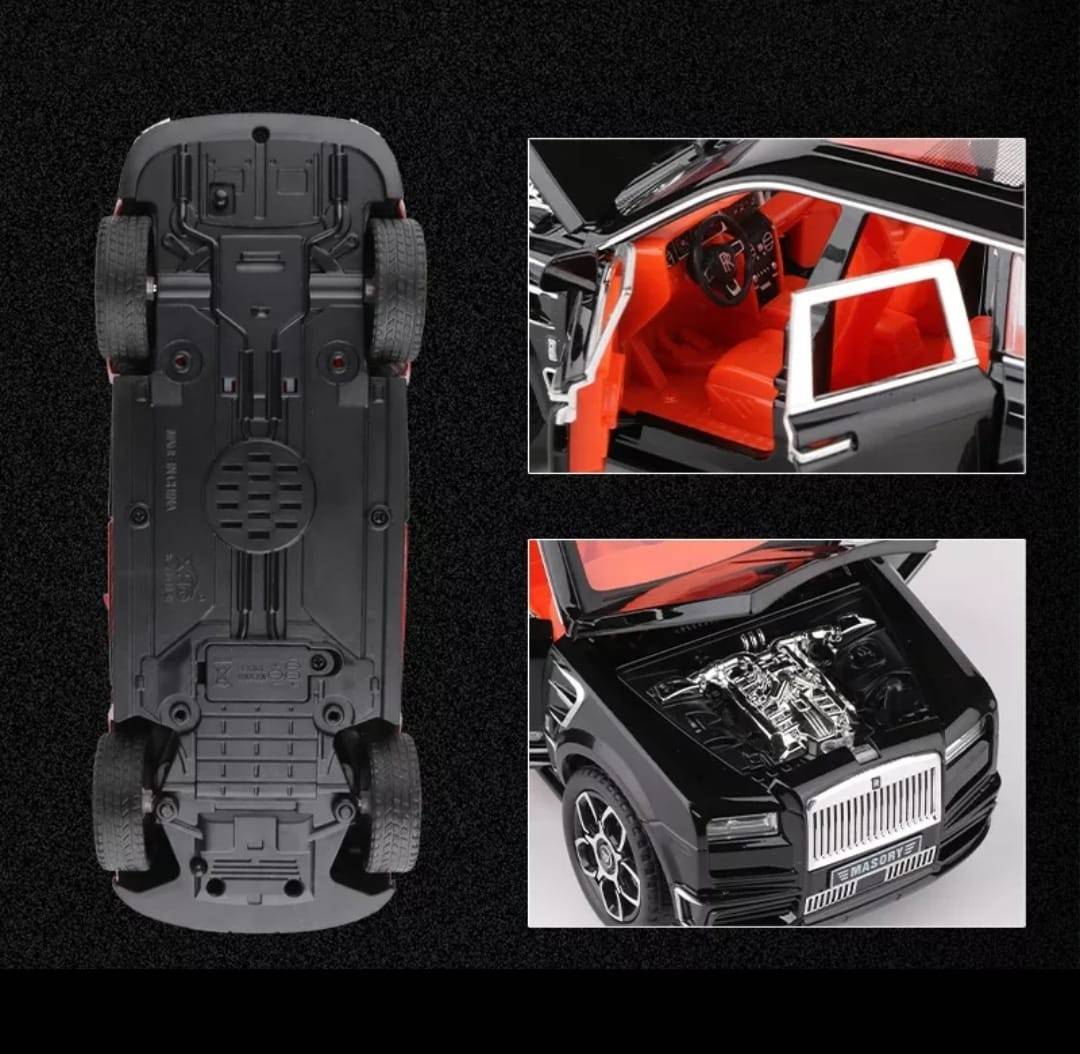 Masinuta metal mecanica, tip Rolls Royce Cullinar Mansory, 3 sunete, usi mobile, capota mobila, portbagaj mobil, negru, 17 cm