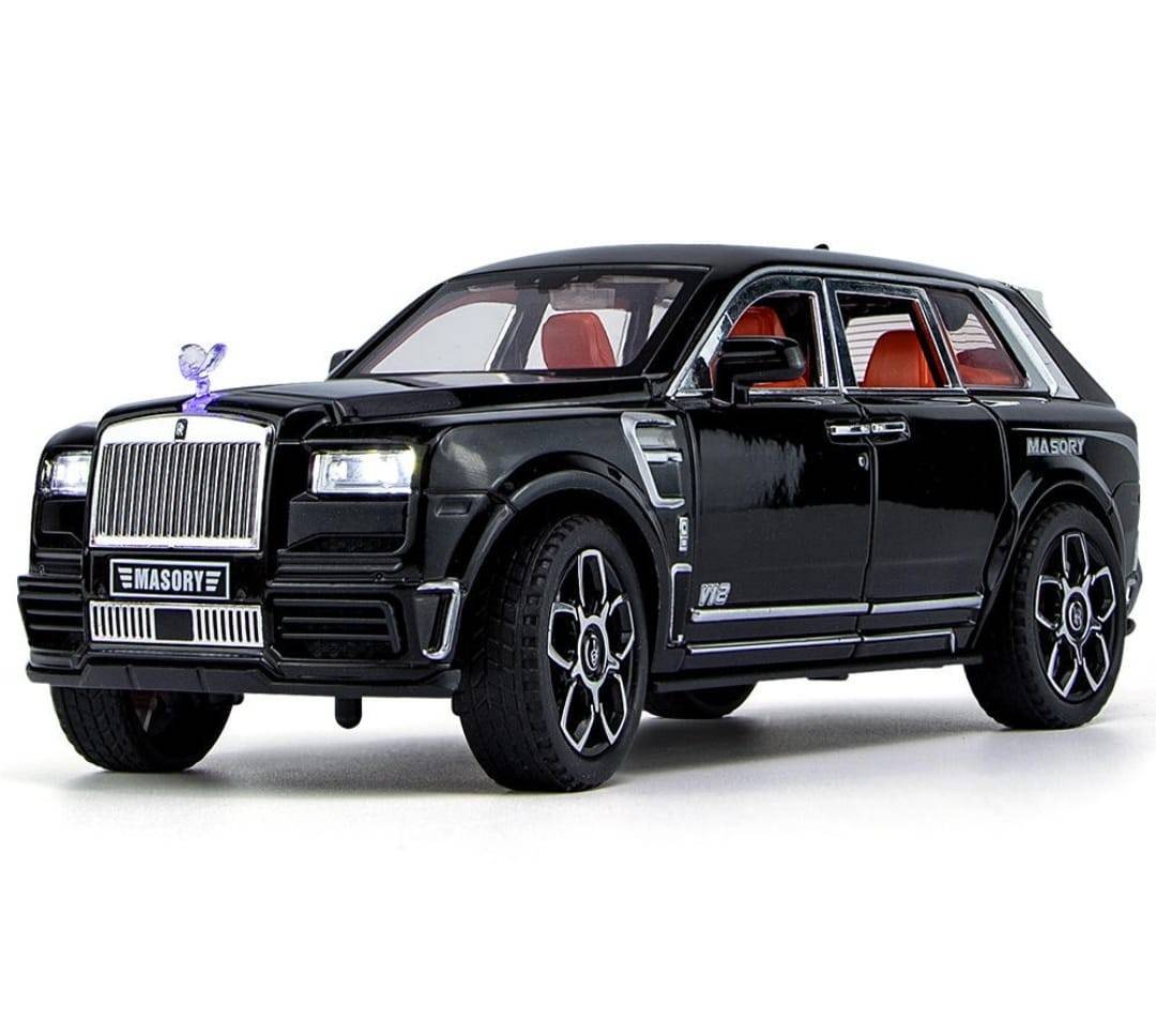 Masinuta metal mecanica, tip Rolls Royce Cullinar Mansory, 3 sunete, usi mobile, capota mobila, portbagaj mobil, negru, 17 cm