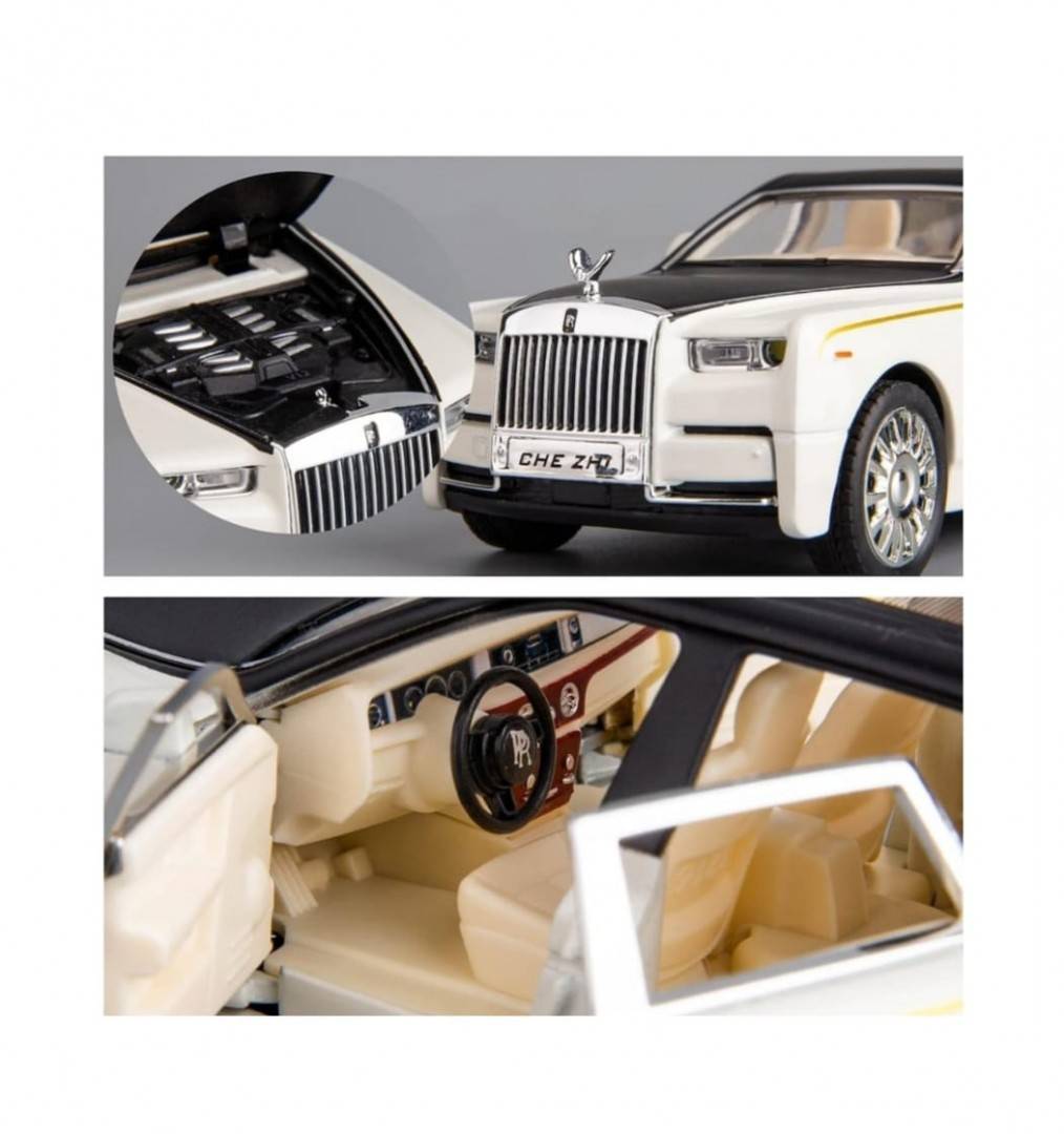 Masinuta metal mecanica, tip Rolls Royce Limuzina, Noonedibs, 3 sunete, scara 1:32, usi mobile, capota mobila, portbagaj mobil, alb, 16 cm