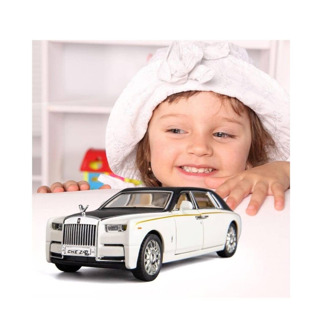Masinuta metal mecanica, tip Rolls Royce Limuzina, Noonedibs, 3 sunete, scara 1:32, usi mobile, capota mobila, portbagaj mobil, alb, 16 cm