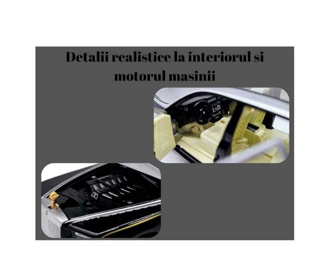 Masinuta metal mecanica, tip Rolls Royce Limuzina, Noonedibs, 3 sunete, scara 1:32, usi mobile, capota mobila, portbagaj mobil, gri/negru, 16 cm
