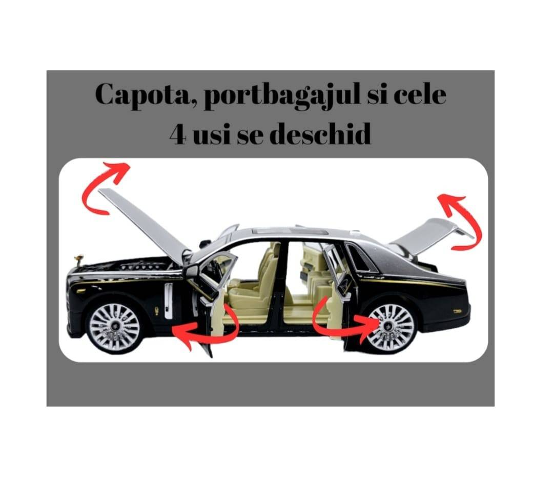 Masinuta metal mecanica, tip Rolls Royce Limuzina, Noonedibs, 3 sunete, scara 1:32, usi mobile, capota mobila, portbagaj mobil, gri/negru, 16 cm
