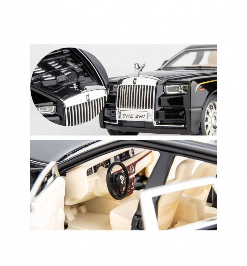 Masinuta metal mecanica, tip Rolls Royce Limuzina, Noonedibs, 3 sunete, scara 1:32, usi mobile, capota mobila, portbagaj mobil, negru, 16 cm