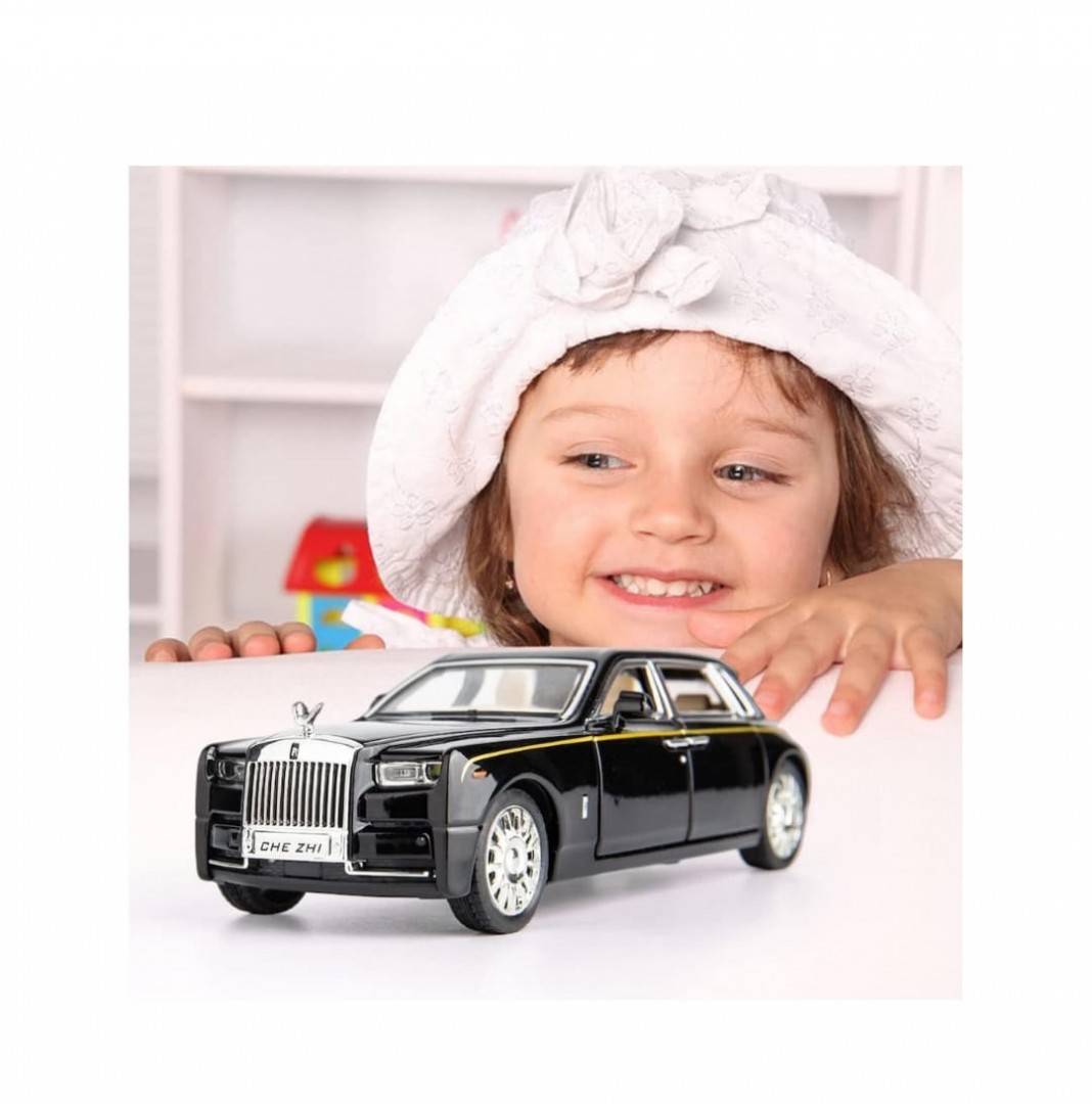 Masinuta metal mecanica, tip Rolls Royce Limuzina, Noonedibs, 3 sunete, scara 1:32, usi mobile, capota mobila, portbagaj mobil, negru, 16 cm