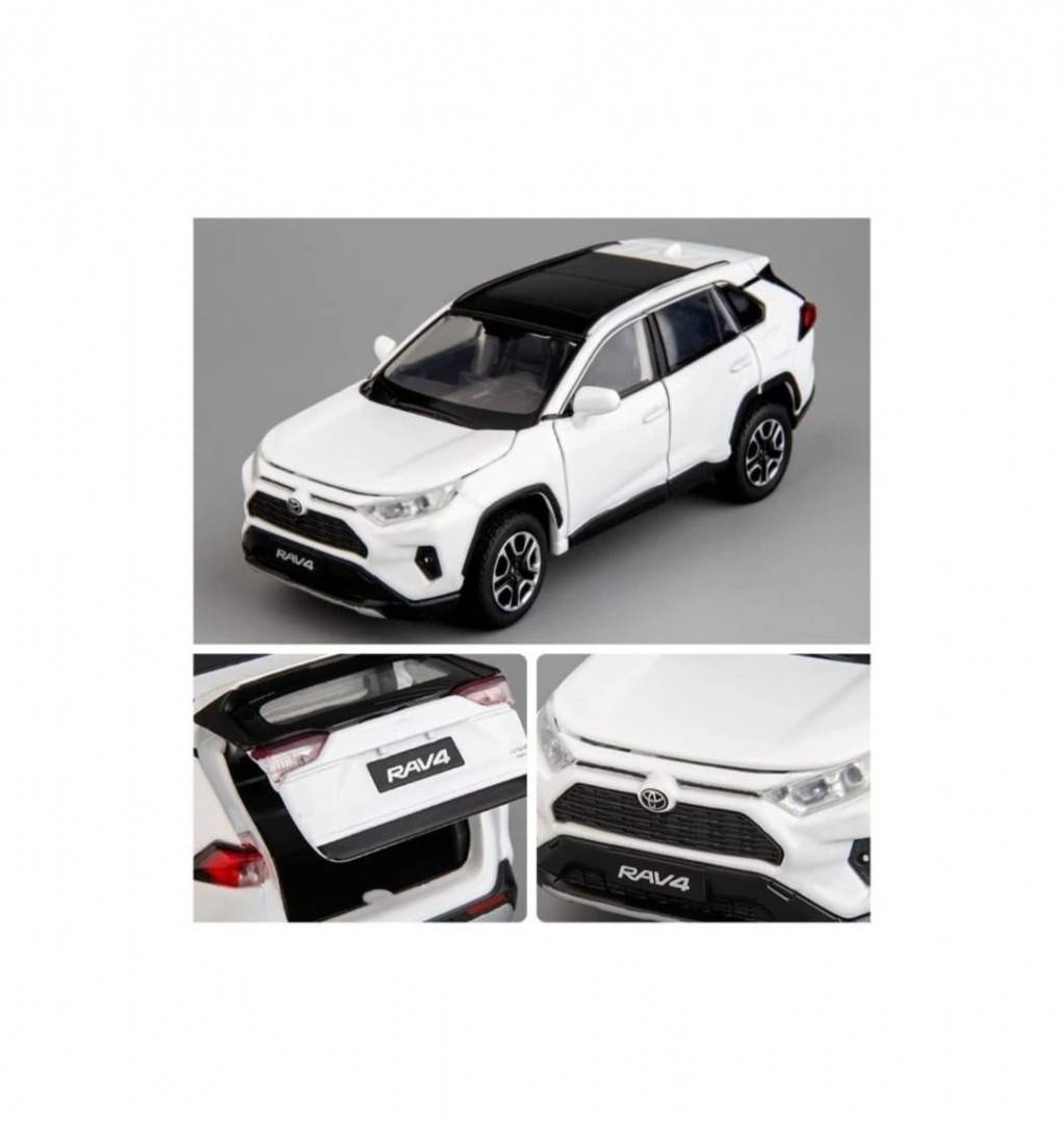 Masinuta metal mecanica, tip Toyota Rav 4, sunete, usi mobile, capota mobila, portbagaj mobil, alb, 20 cm