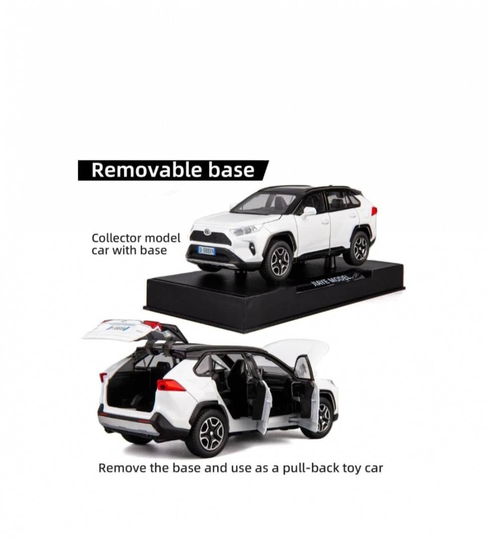 Masinuta metal mecanica, tip Toyota Rav 4, sunete, usi mobile, capota mobila, portbagaj mobil, alb, 20 cm