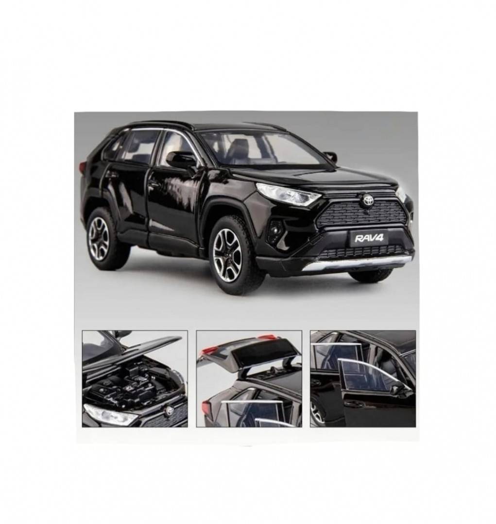 Masinuta metal mecanica, tip Toyota Rav 4, sunete, usi mobile, capota mobila, portbagaj mobil, negru, 20 cm
