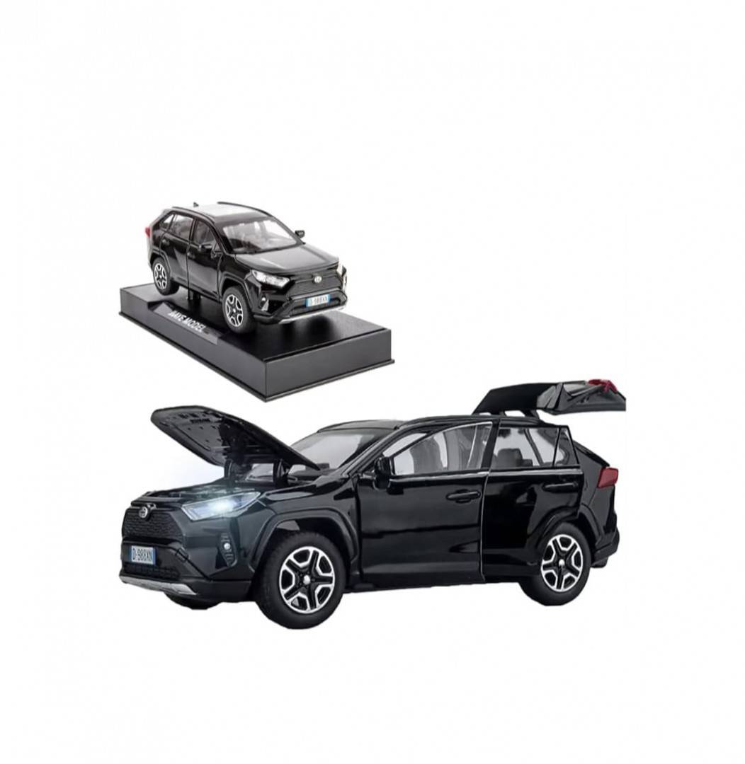 Masinuta metal mecanica, tip Toyota Rav 4, sunete, usi mobile, capota mobila, portbagaj mobil, negru, 20 cm