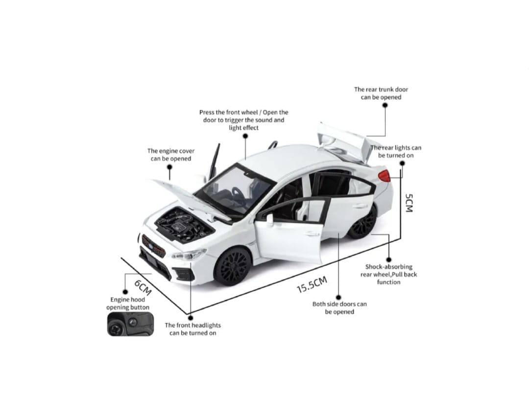 Masinuta metal, Subaru WRX STI 2020, scara 1:32, sunete, usi mobile, capota mobila, portbagaj mobil, alb, 15 cm