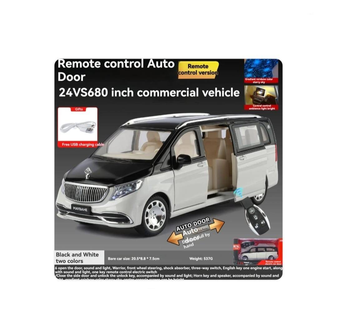 Masinuta metalica cu cheie, Mercedes Maybach Vito VS680, 1:24, usi mobile, capota mobila, portbagaj mobil, alb, 20 cm