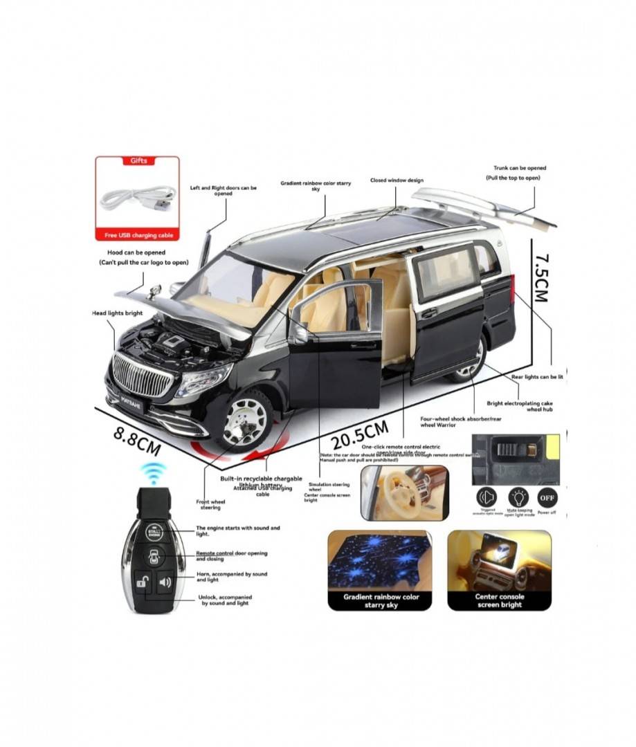 Masinuta metalica cu cheie, Mercedes Maybach Vito VS680, 1:24, usi mobile, capota mobila, portbagaj mobil, negru, 20 cm