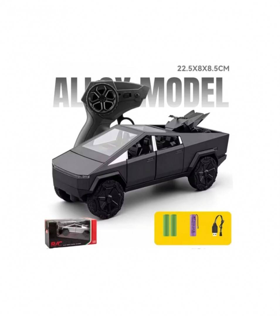 Masinuta metalica cu telecomanda, Tesla Cybertruck , ATV inclus, 1:24, usi mobile, capota mobila, acumulator, gri inchis, 22 cm