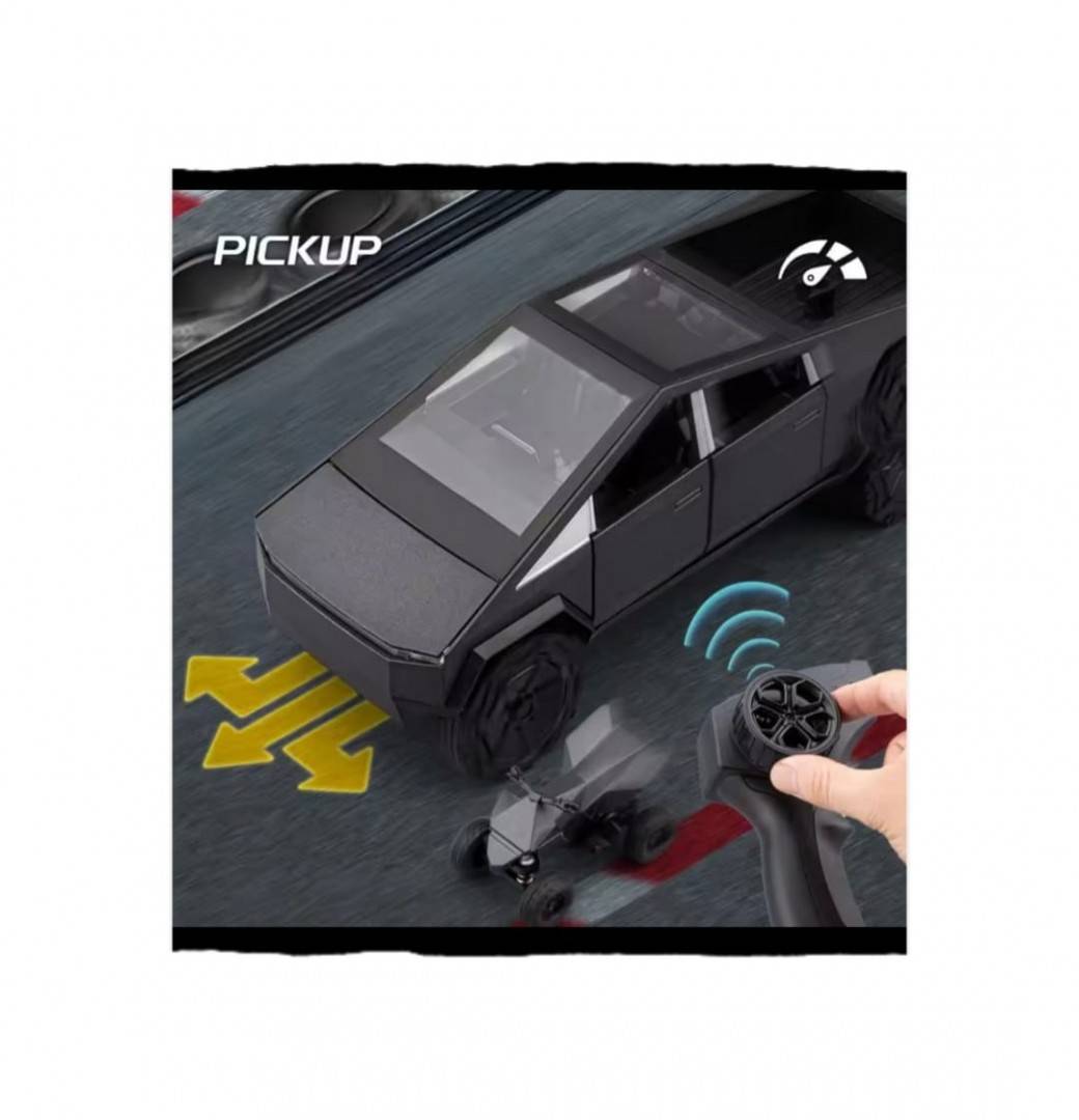Masinuta metalica cu telecomanda, Tesla Cybertruck , ATV inclus, 1:24, usi mobile, capota mobila, acumulator, gri inchis, 22 cm