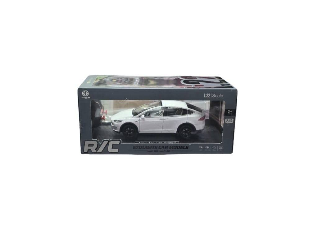 Masinuta metalica cu telecomanda, Tesla X, 1:22, usi mobile,fum, capota mobila, acumulator, alb, 20 cm