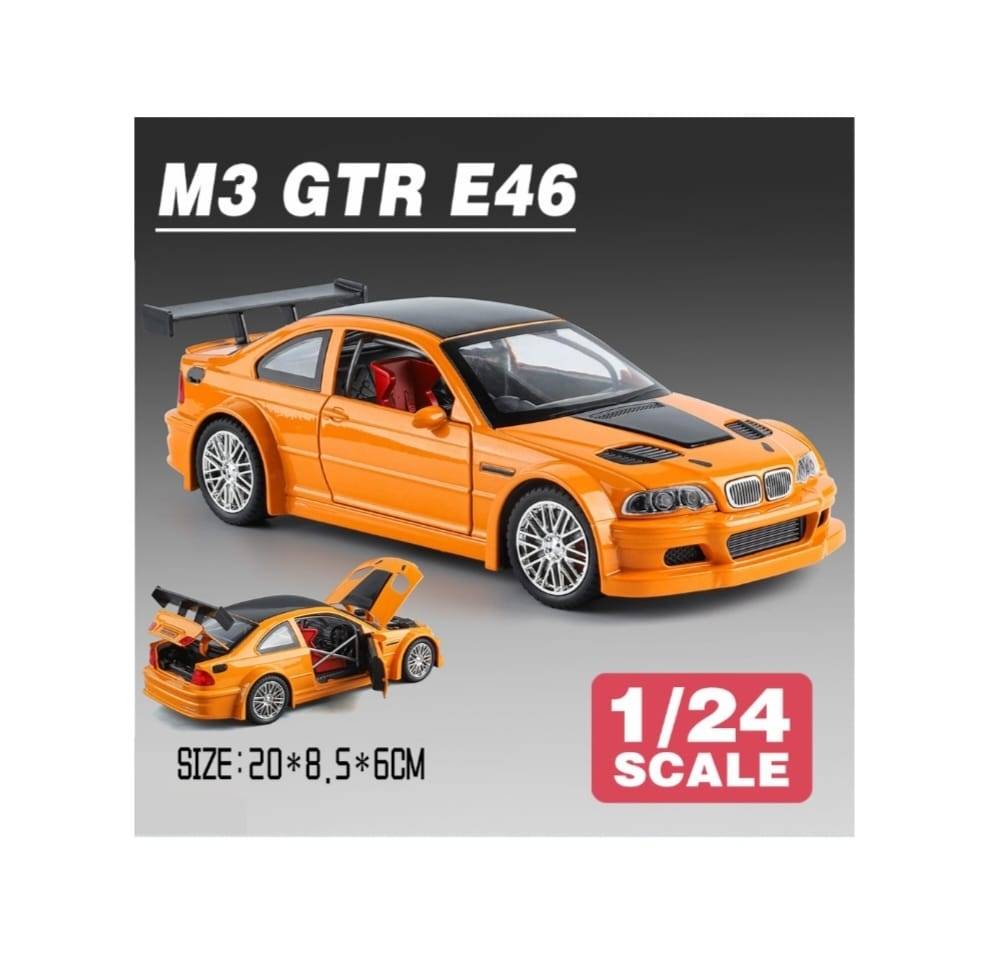 Masinuta metalica mecanica, BMW M3 GTR E46, 1:24, usi mobile, capota mobila, portbagajul mobil, portocaliu, 20 cm