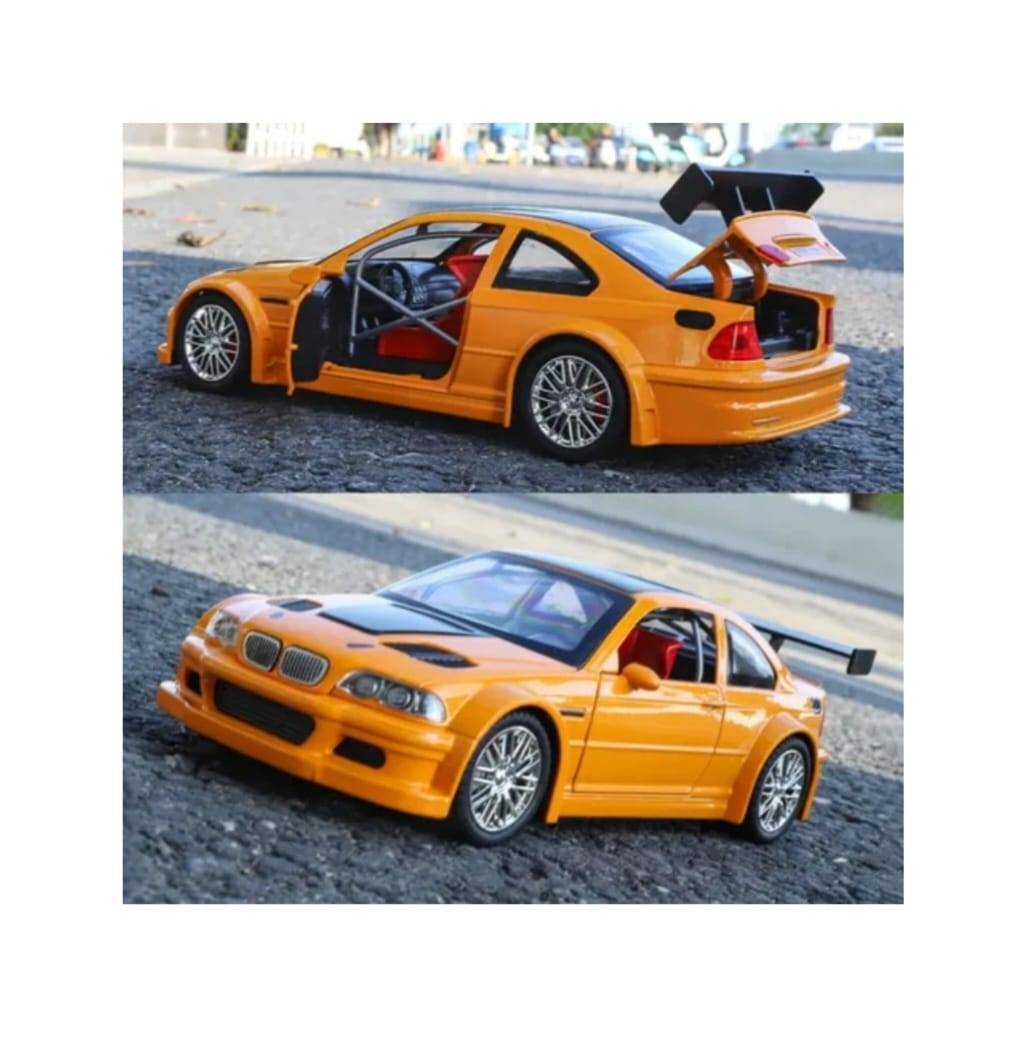 Masinuta metalica mecanica, BMW M3 GTR E46, 1:24, usi mobile, capota mobila, portbagajul mobil, portocaliu, 20 cm