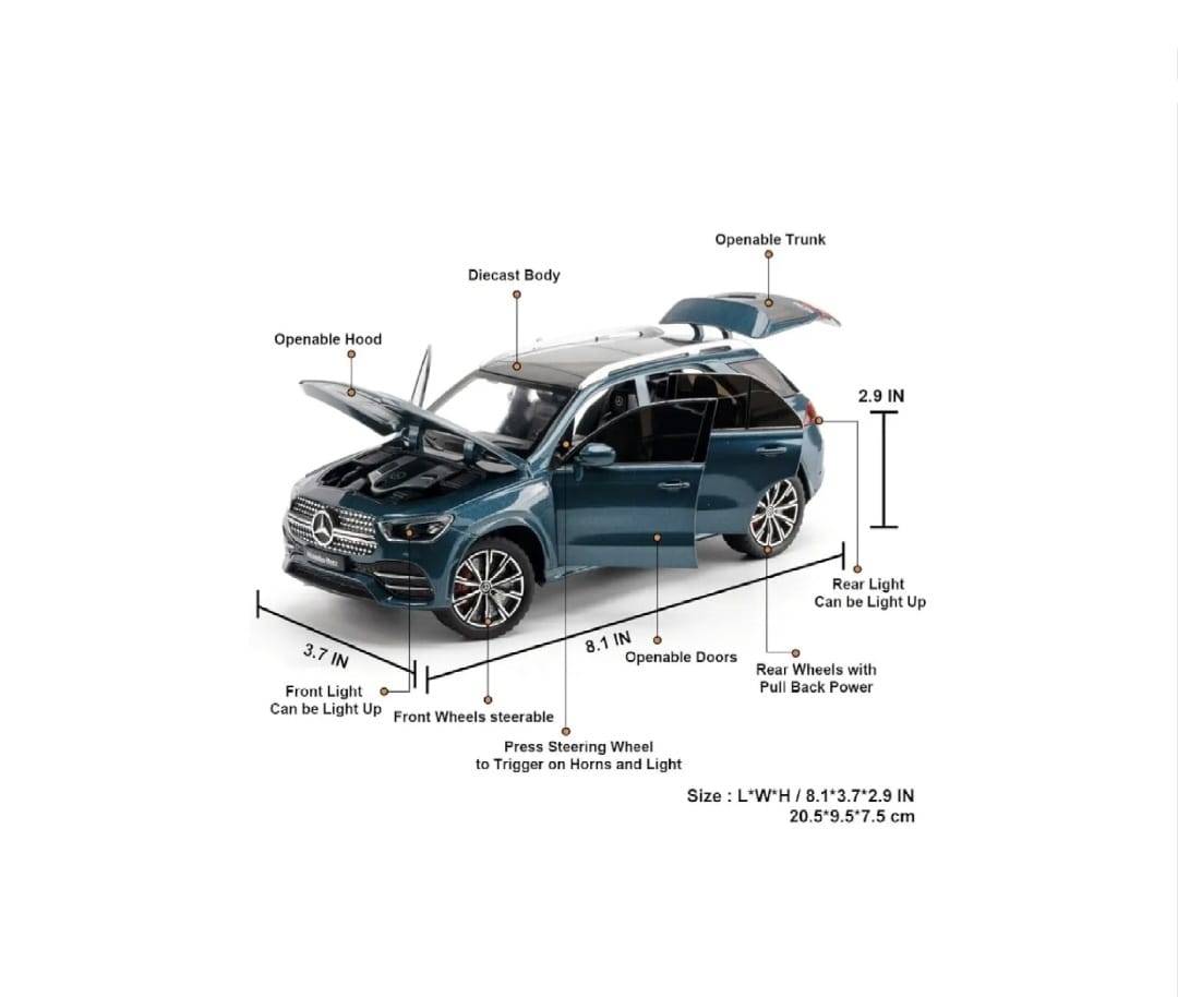 Masinuta metalica mecanica, Jeep Mercedes GLE 350, 1:24, usi mobile, capota mobila, portbagajul mobil, turcoaz, 20 cm