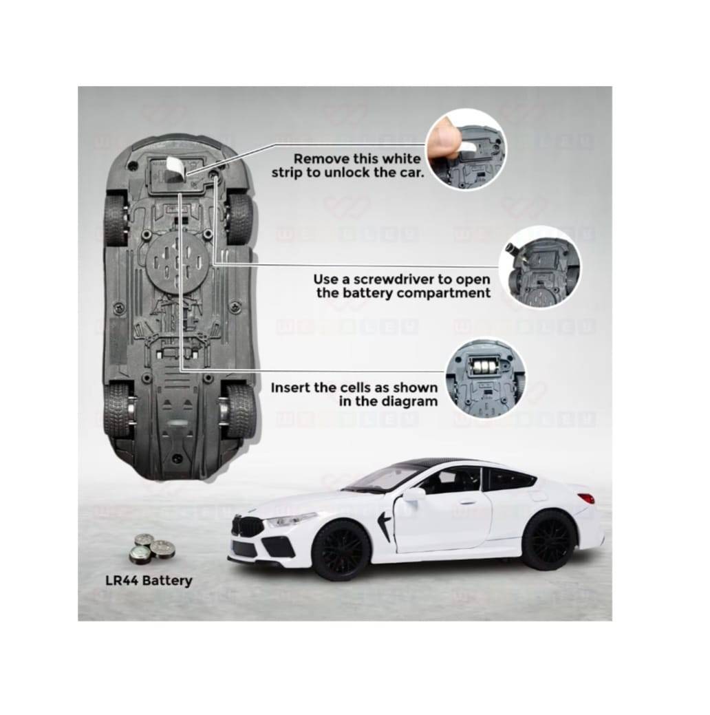 Masinuta metalica mecanica, tip BMW M8 Coupe, scara 1:32, lumini si sunete, usi mobile, capota mobila, portbagajul mobil, alb, 15 cm