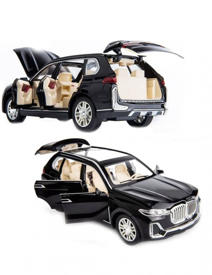 Masinuta metalica mecanica, tip BMW X7, sunete si lumini, usi mobile, portbagaj mobil, capota mobila, negru, 16 cm