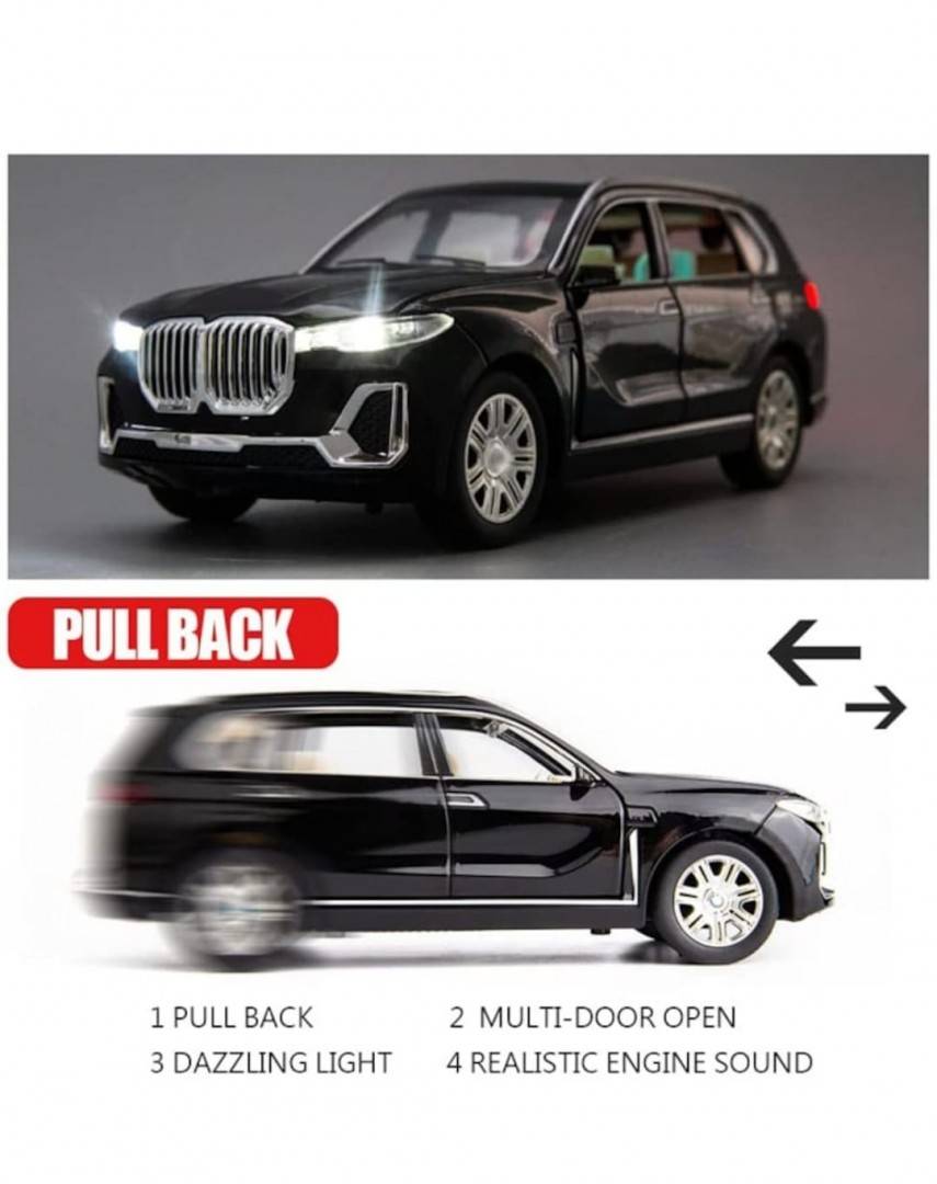 Masinuta metalica mecanica, tip BMW X7, sunete si lumini, usi mobile, portbagaj mobil, capota mobila, negru, 16 cm