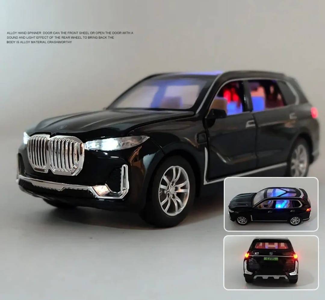 Masinuta metalica mecanica, tip BMW X7, sunete si lumini, usi mobile, portbagaj mobil, capota mobila, negru, 16 cm