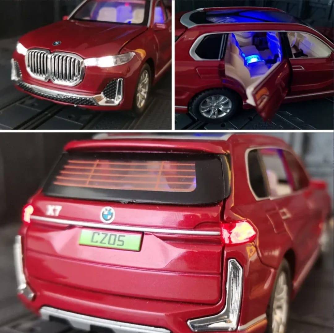 Masinuta metalica mecanica, tip BMW X7, sunete si lumini, usi mobile, portbagaj mobil, capota mobila, rosu, 16 cm