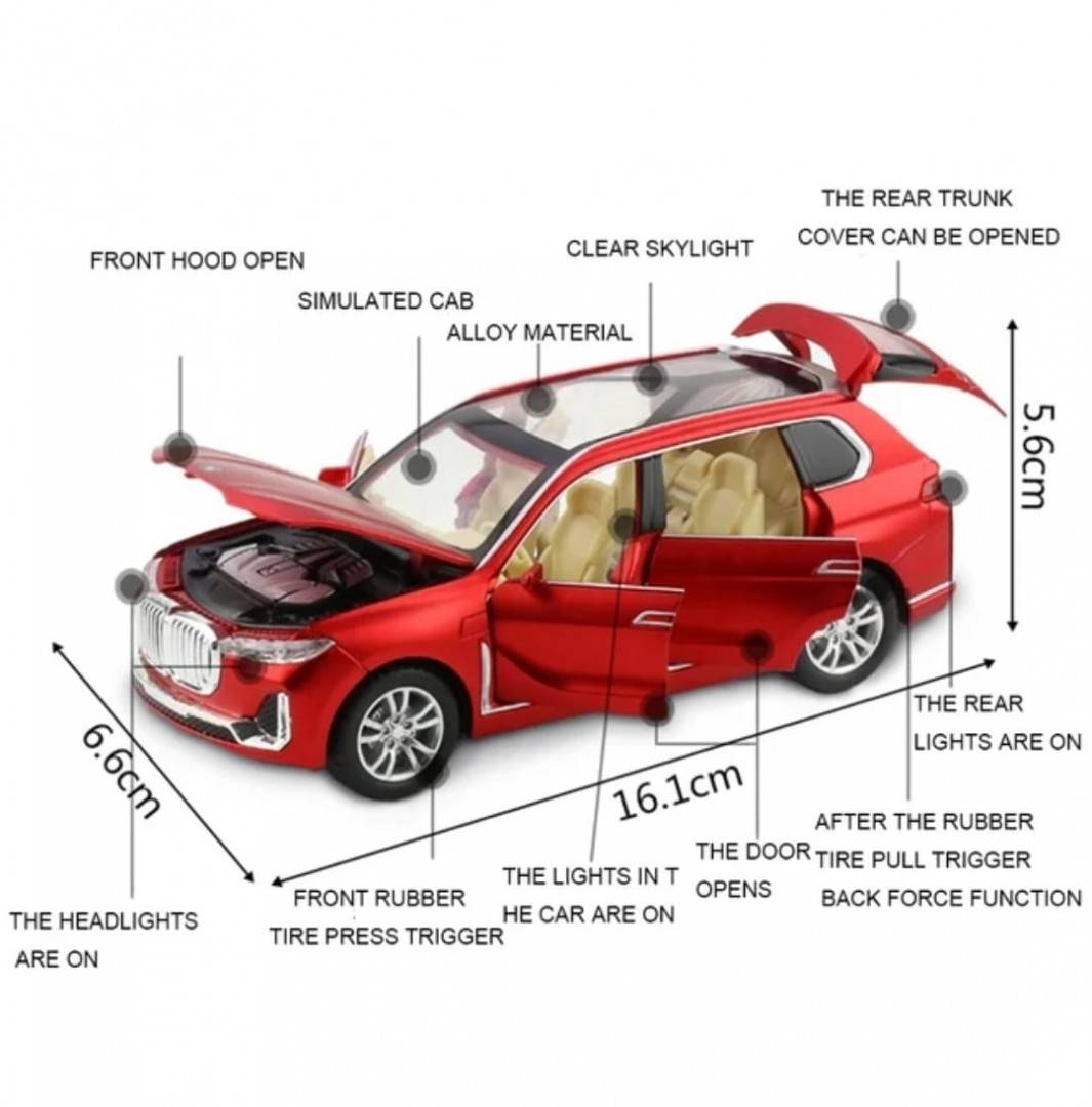 Masinuta metalica mecanica, tip BMW X7, sunete si lumini, usi mobile, portbagaj mobil, capota mobila, rosu, 16 cm