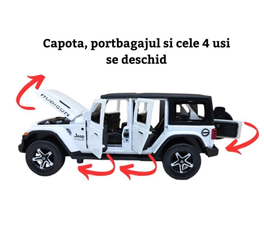 Masinuta metalica mecanica, tip Jeep Rubicon, scara 1:32, lumini si sunete, usi mobile, capota mobila, portbagajul mobil, alb, 15 cm