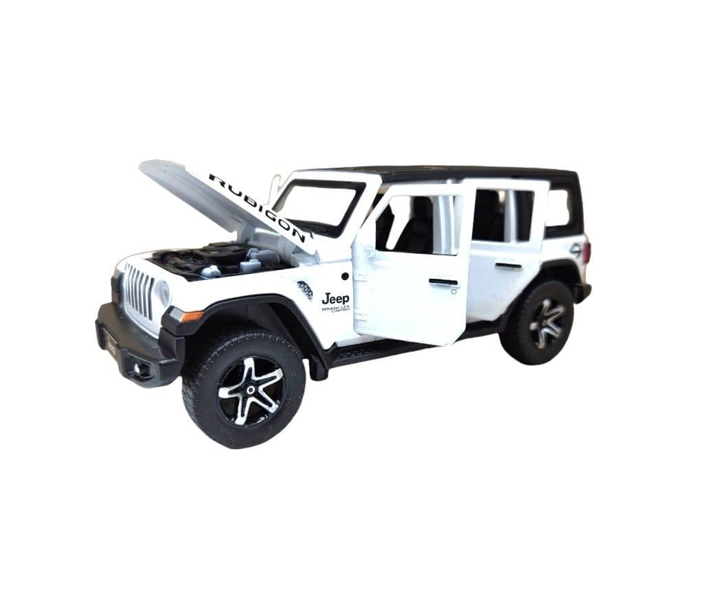 Masinuta metalica mecanica, tip Jeep Rubicon, scara 1:32, lumini si sunete, usi mobile, capota mobila, portbagajul mobil, alb, 15 cm