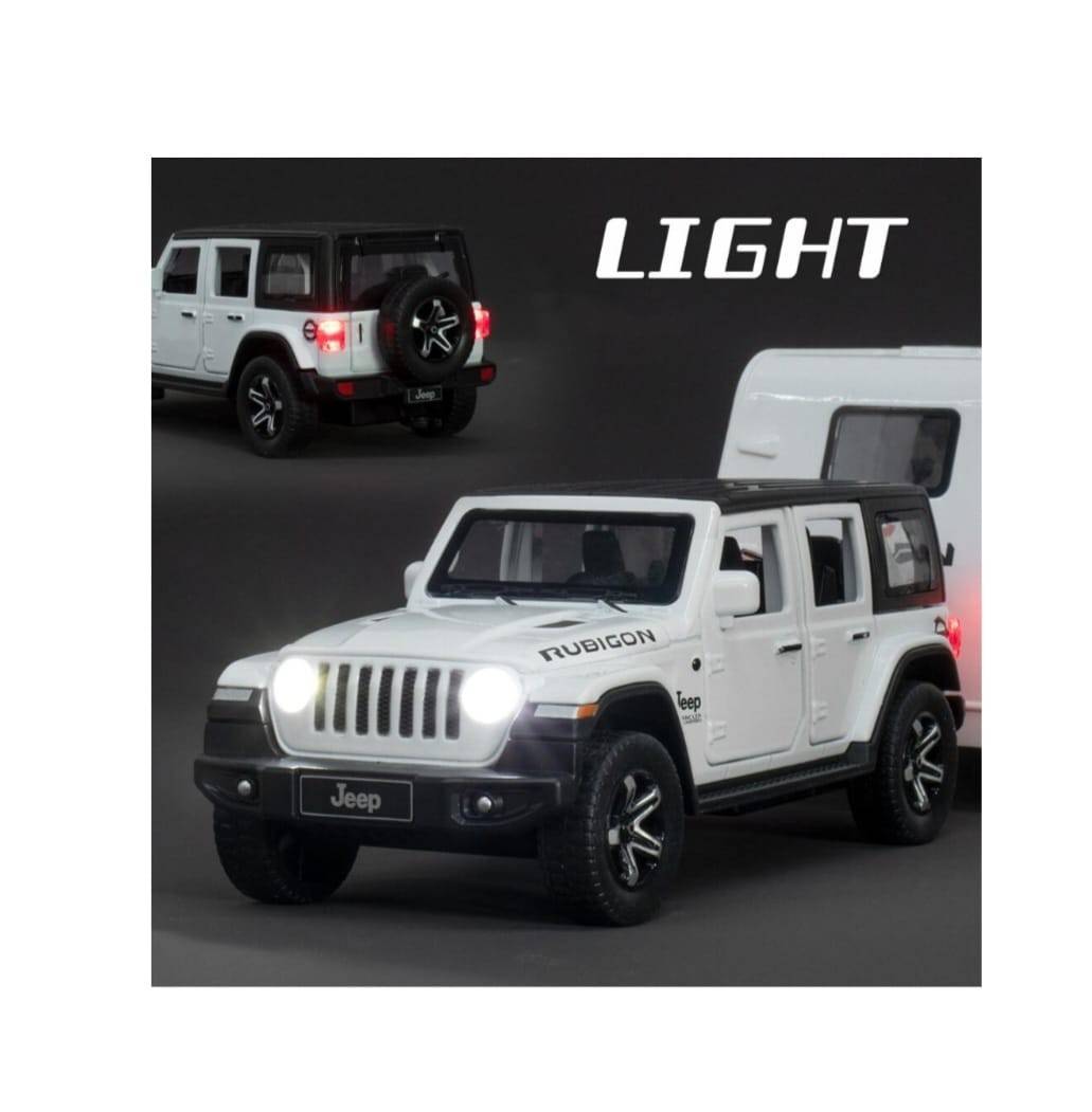 Masinuta metalica mecanica, tip Jeep Rubicon, scara 1:32, lumini si sunete, usi mobile, capota mobila, portbagajul mobil, alb, 15 cm